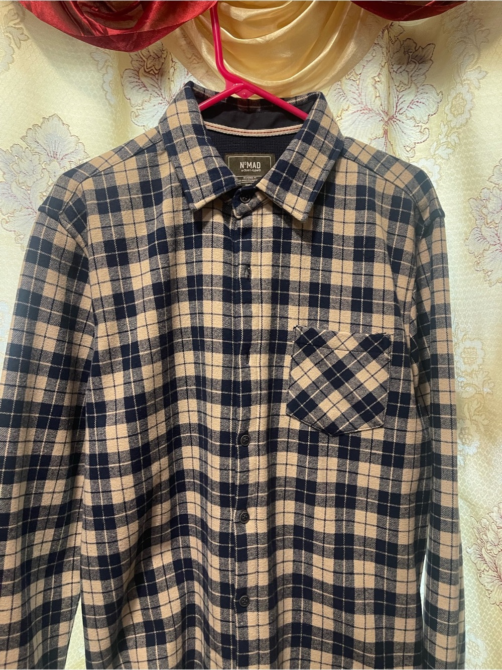 Men's Navy and Beige Plaid Flannel Shirt
